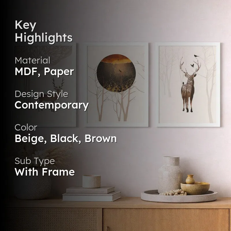 Deerland Paper Wall Painting With MDF Frame (White) - Set Of Three media 2