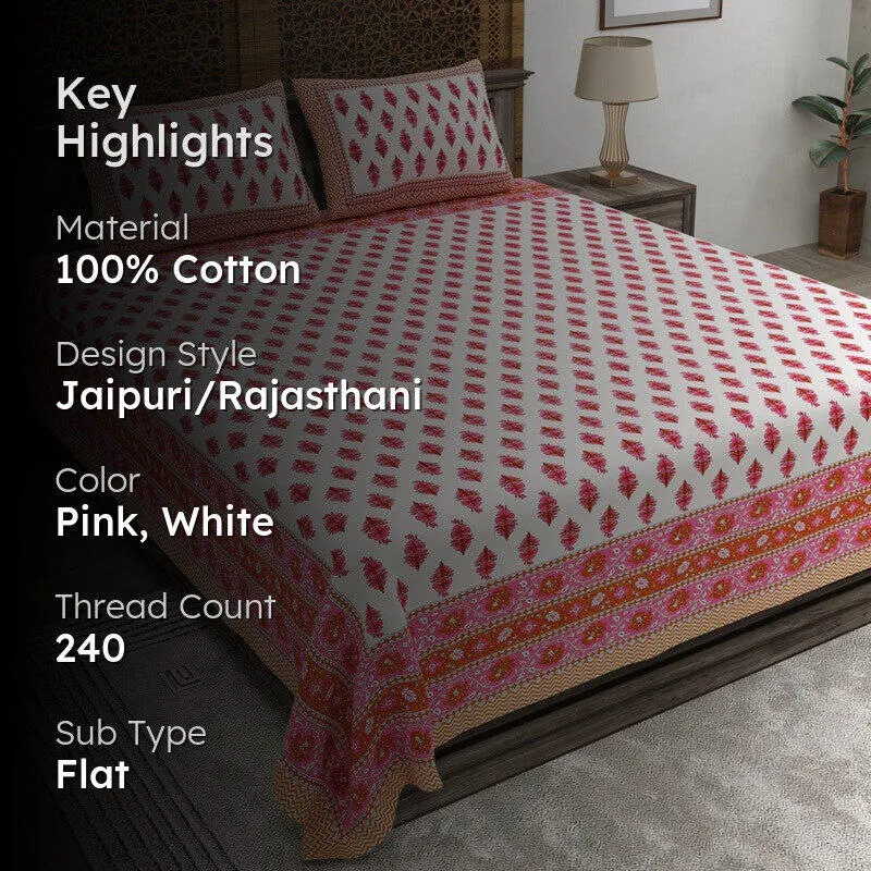 Bloomza Cotton Bedsheet (Pink,White) - 240 TC media 2