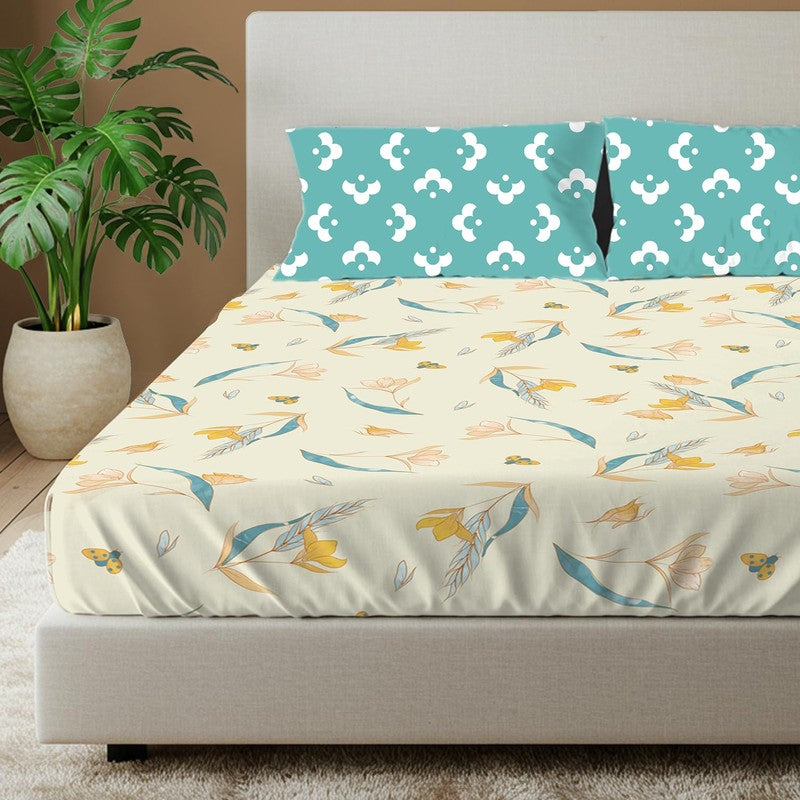 Sea Breeze Petals Floral Cotton Bedsheets (White & Blue) - 144 TC media 3