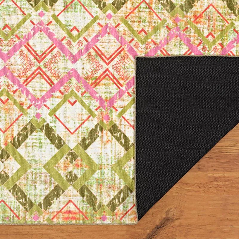 Thrain Geometric Polyester Anti-Skid Carpet - Green & Pink media 5