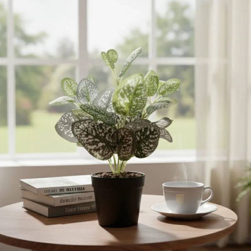 Artificial Dotted Philodendron Plant With Black Fiber Pot (White) - 0.9 Feet media 5