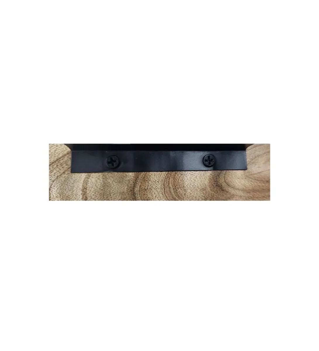 Close-up of black metal lettering fixed to a wooden base