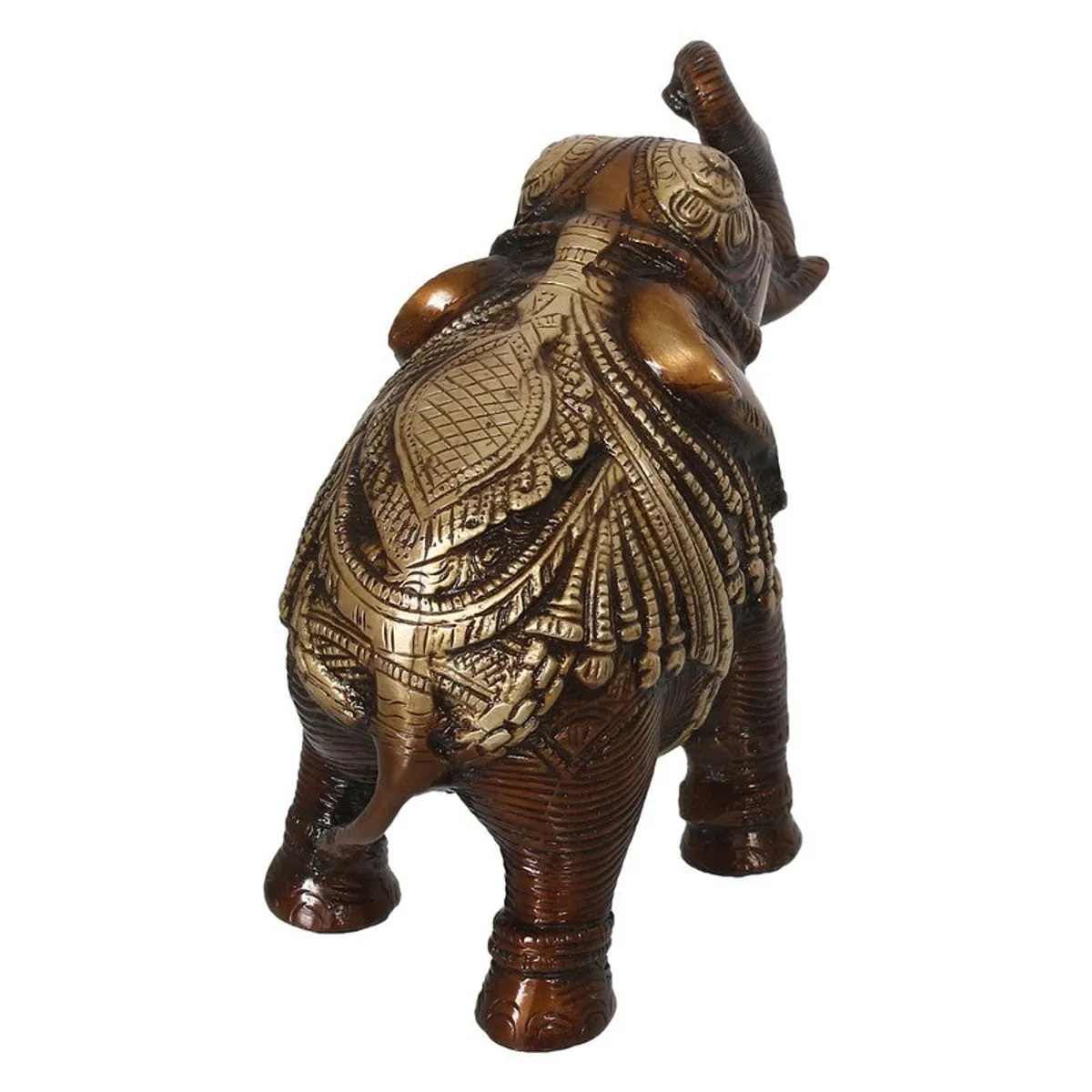 Rear view of brown and gold elephant showpiece with ornate back detailing