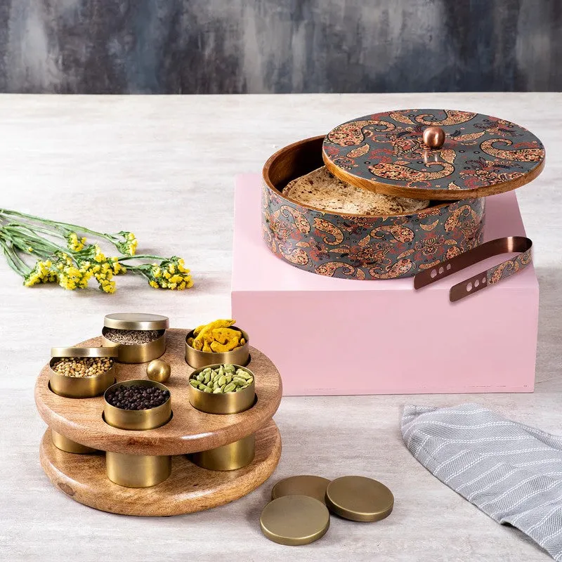 Opulix Mango Wood Round Masala Box - Three Piece Set media 1