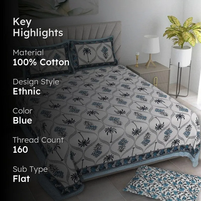 Amoda Ethnic Cotton Bedsheet (Blue) - 160 TC media 2