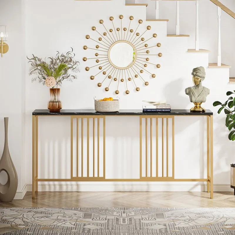 Narrow Long Black Metal Console Table with Black Marble Top (Gold) - Medium media 3