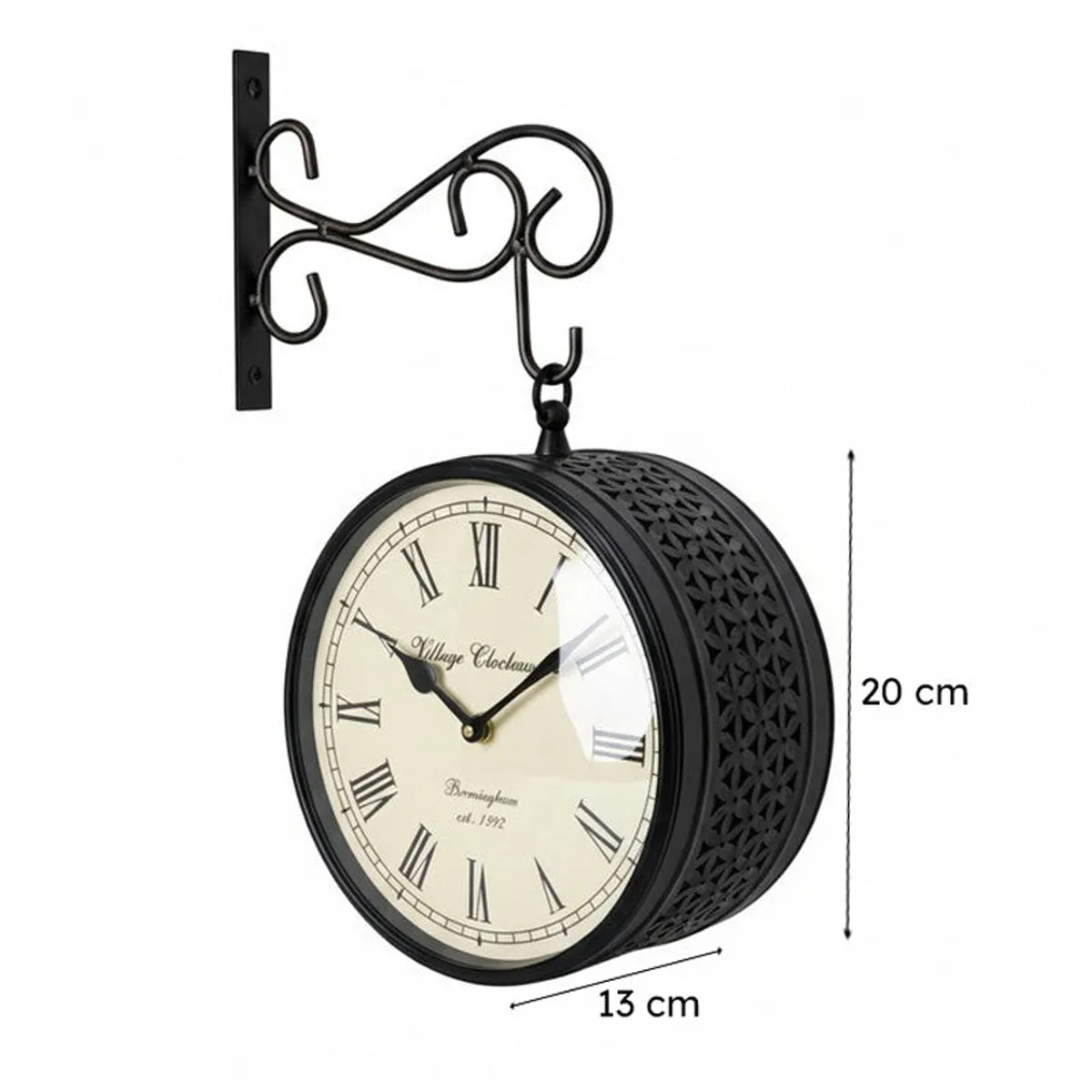 Black wall clock shown with measurement markers indicating 20 cm height and 13 cm depth.
