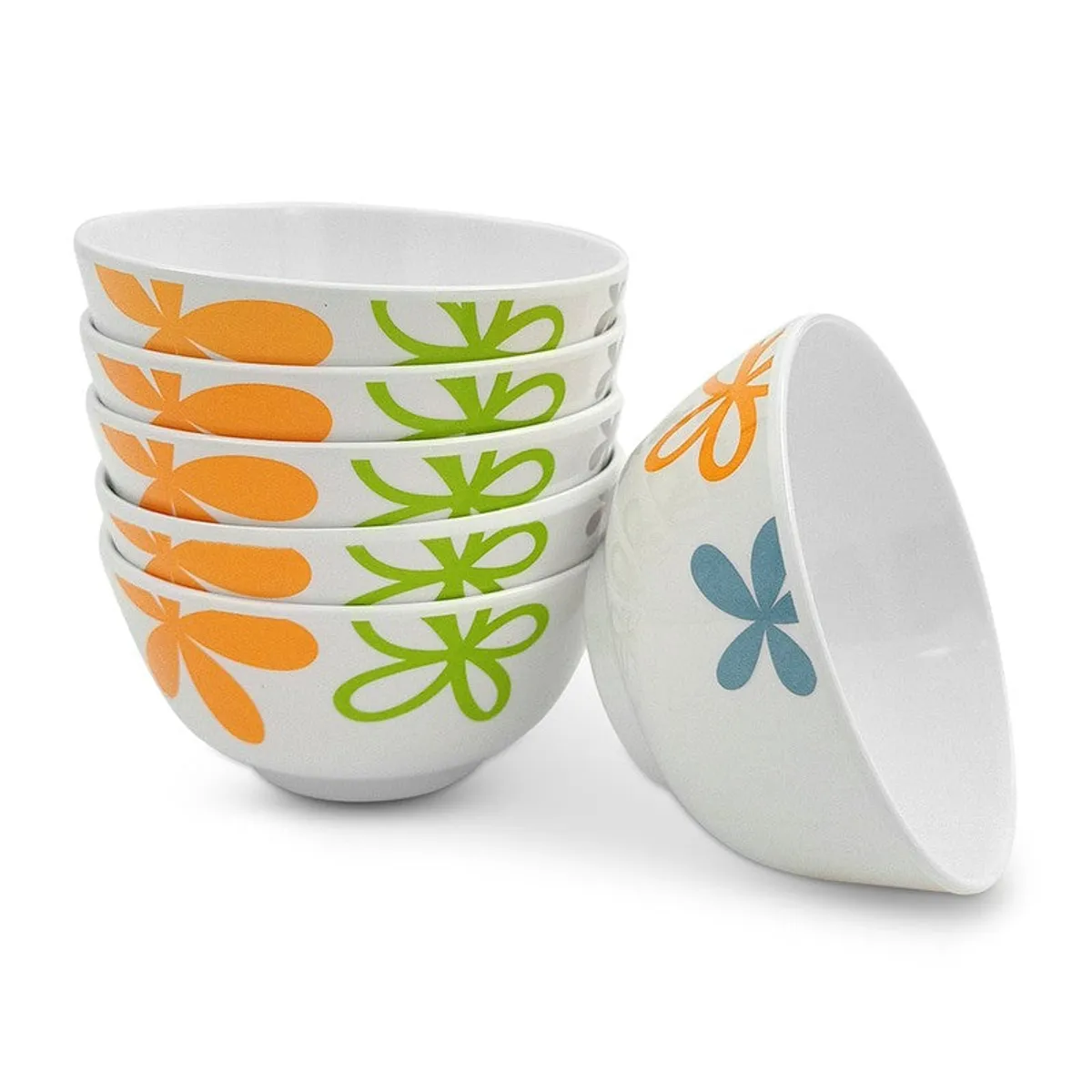Stacked floral bowls with one bowl tilted to show the white interior