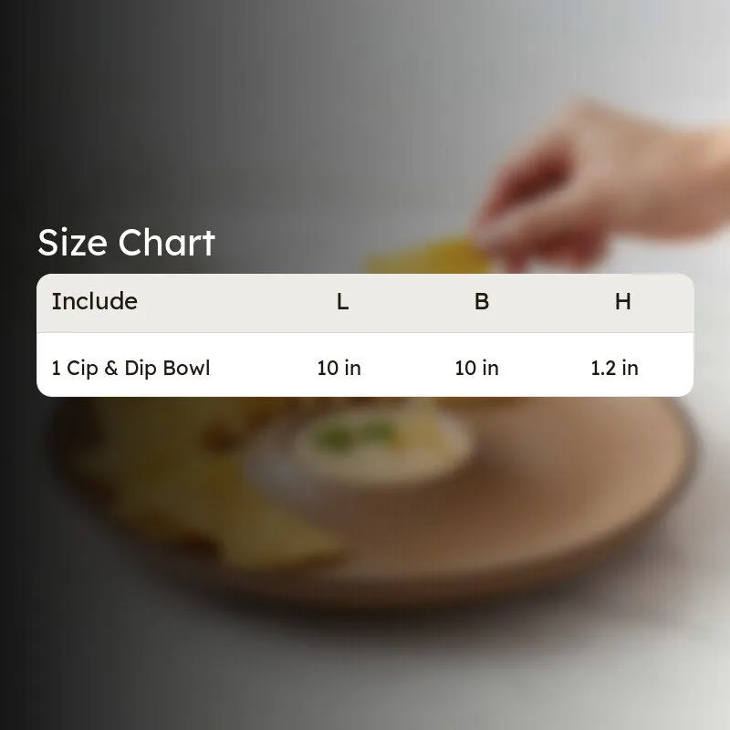 Brown chip and dip platter shown with a size chart