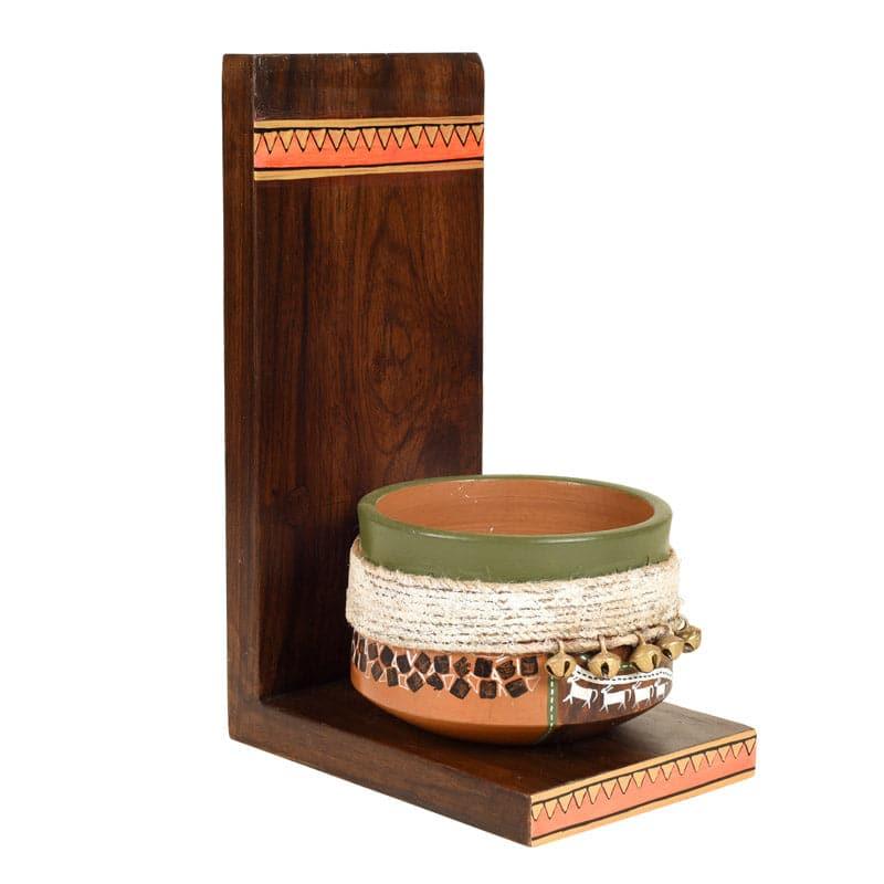 Moya Wall Shelf With Wooden Earthen Planter - Set Of Two media 4