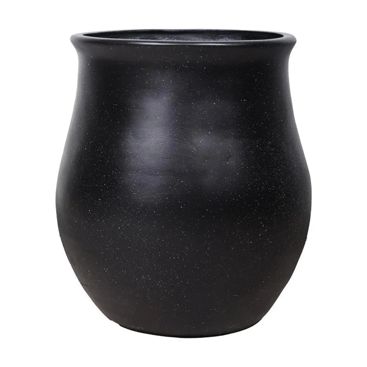 Close-up of the black matte planter's rounded urn-inspired shape