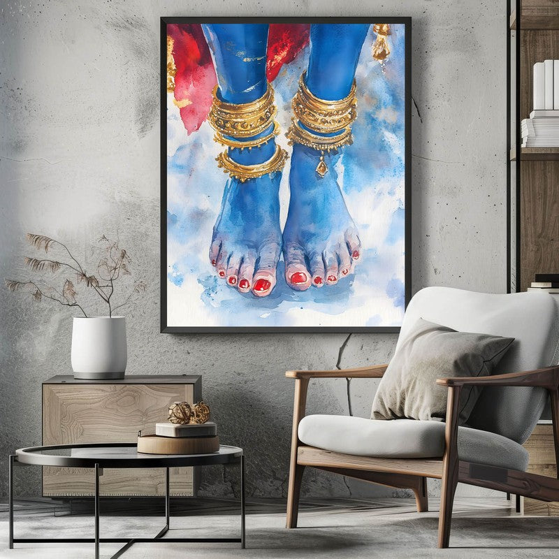 Blue Lotus Feet Spiritual Archival Paper Wall Painting With Frame - Black media 3
