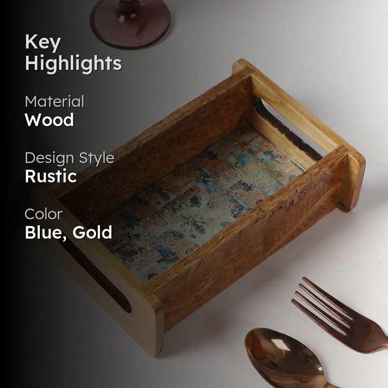 Jharokha Charm Wooden Serving Tray (Gold,Blue) media 2
