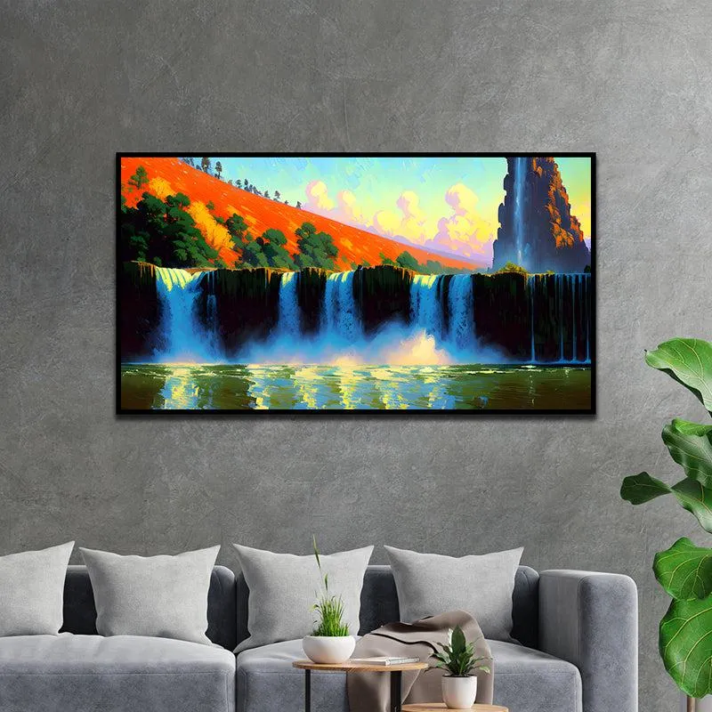 Country Waterfalls Landscape Canvas Wall Painting With Frame - Black media 3