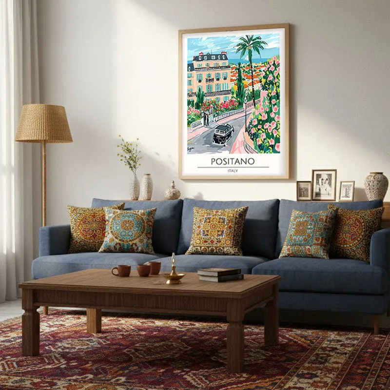 Vintage Positano Framed Canvas Archival Canvas Wall Painting - Natural Brown Frame media 4