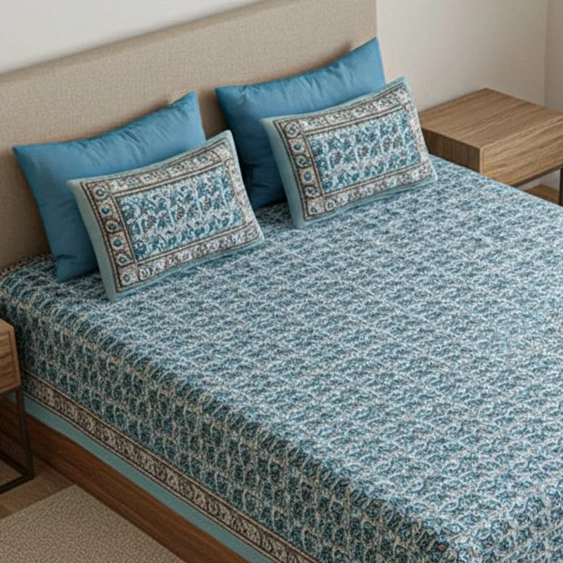 Timeless Motifs Cotton Bedsheet (Blue) - 180 TC media 3