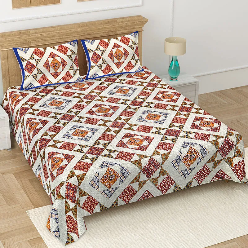 Adire Geometric Cotton Bedsheet (Red & White) - 160 TC media 1