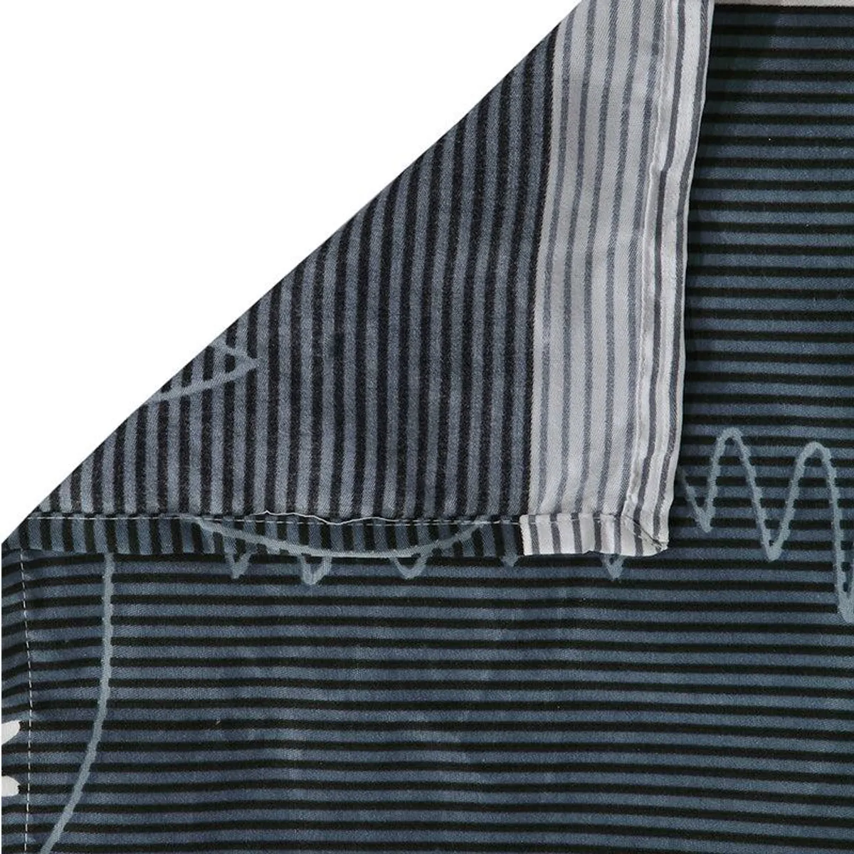 Close-up of blue and grey striped bedsheet fabric and stitched seam