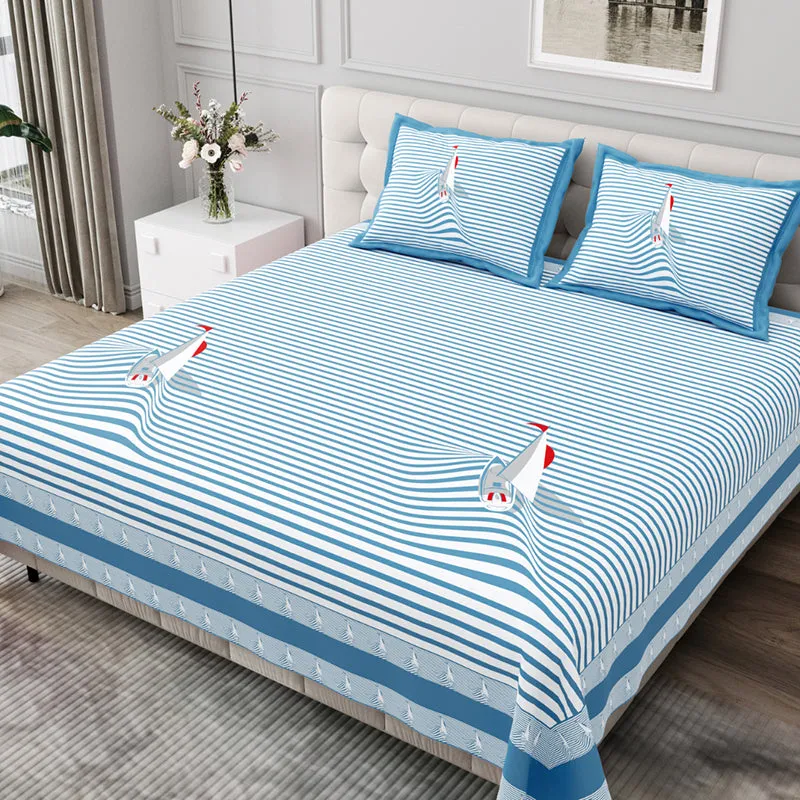 Illusion Stripey Sails Cotton Bedsheet (Blue) - 200 TC media 1