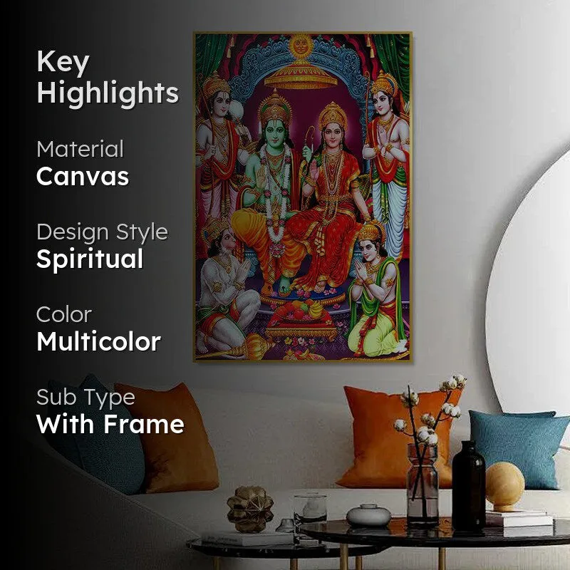 Sri Rama Parivar Spiritual Canvas Wall Painting With Frame - Gold media 2