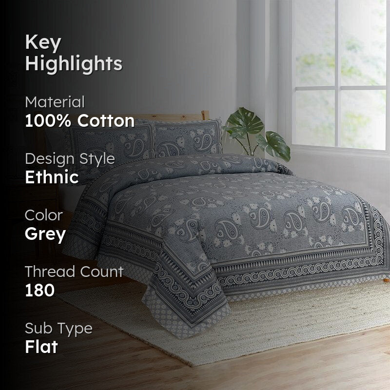 Mukha Ethnic Cotton Bedsheet (Grey) - 180 TC media 2