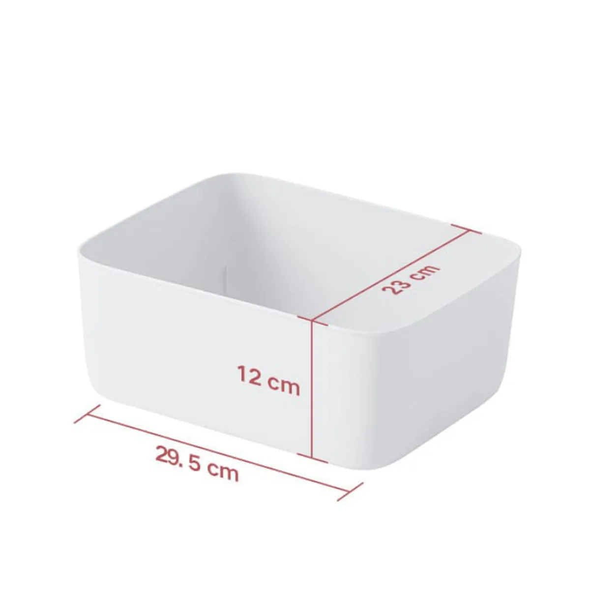 White storage basket shown with length, width and height markings