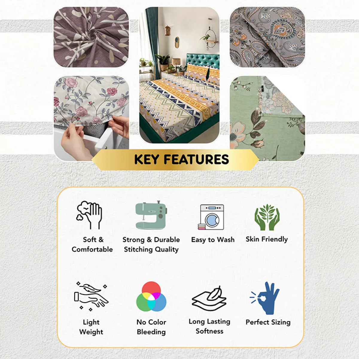 Bedsheet feature graphic with lifestyle images and illustrated icons