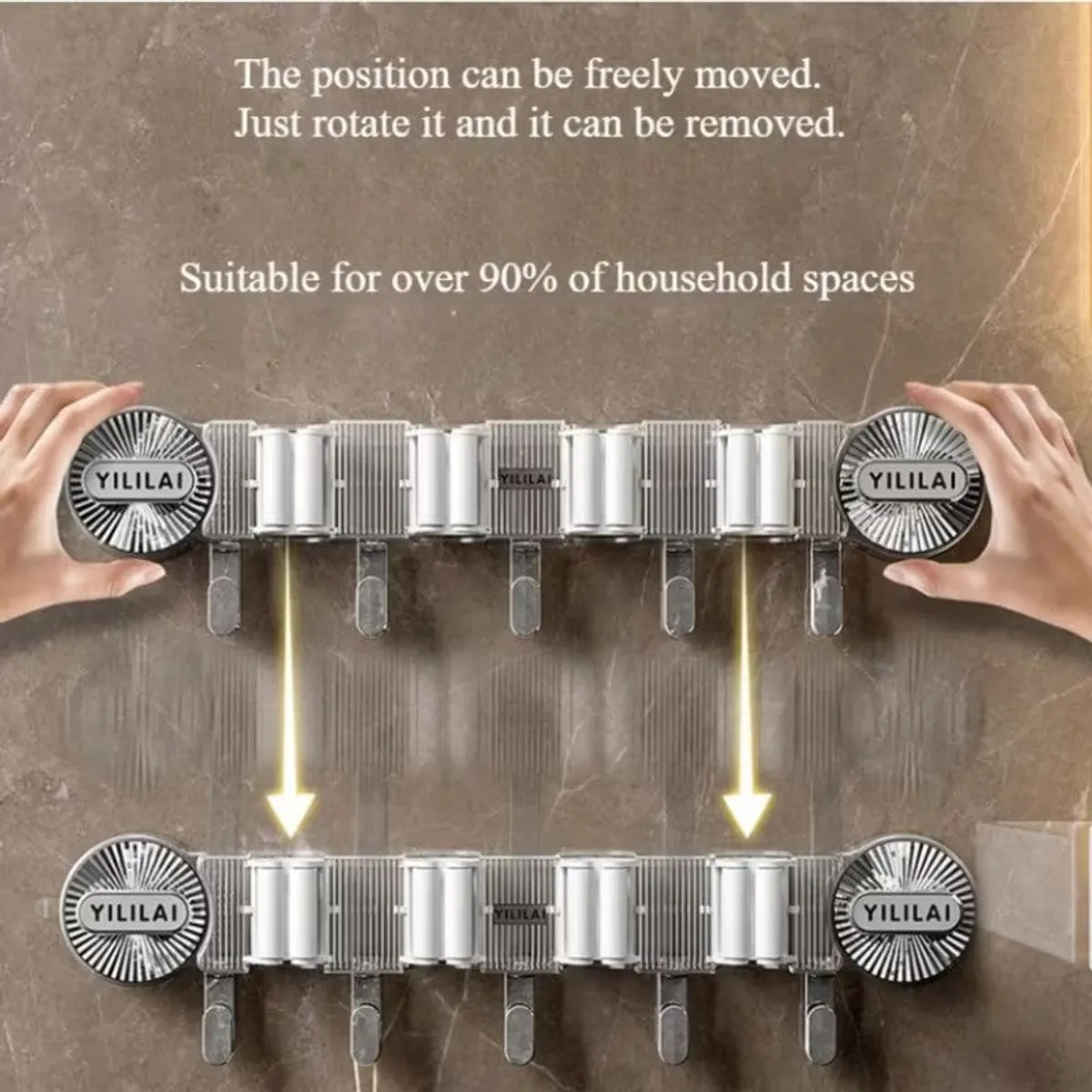 Transparent wall organiser shown being repositioned by hand