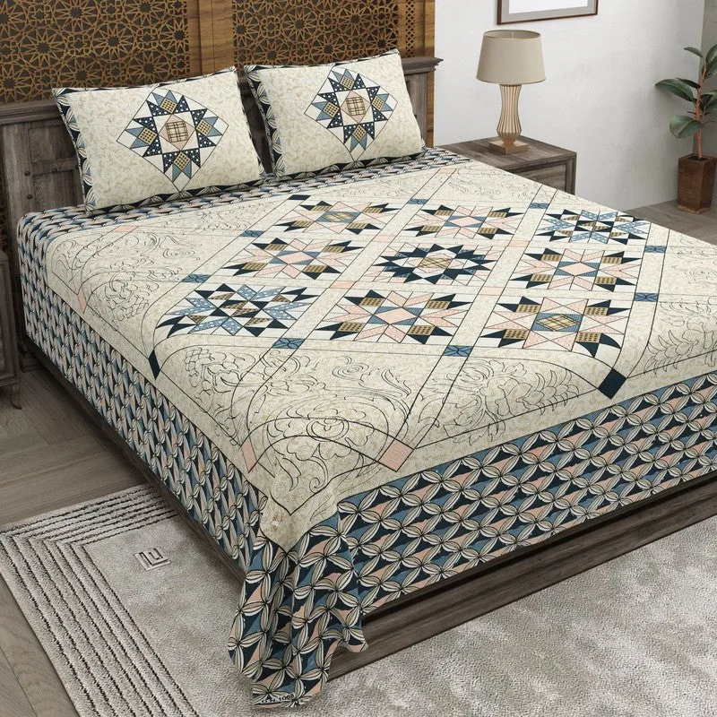 Nestar Cotton Bedsheet (Beige,Navy) - 240 TC media 1