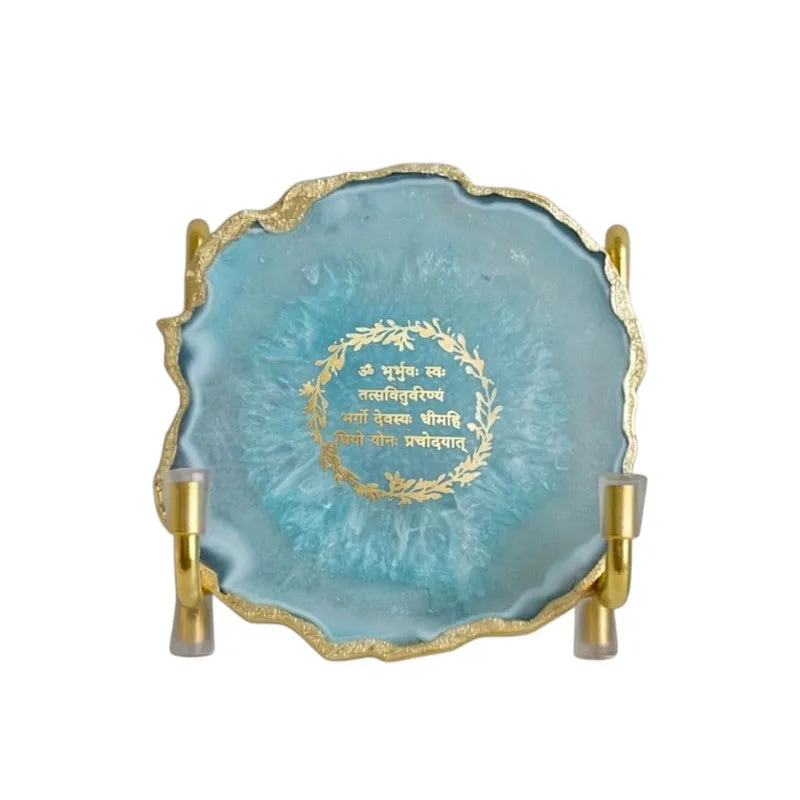 Front view of turquoise agate religious accent with gold-toned edging