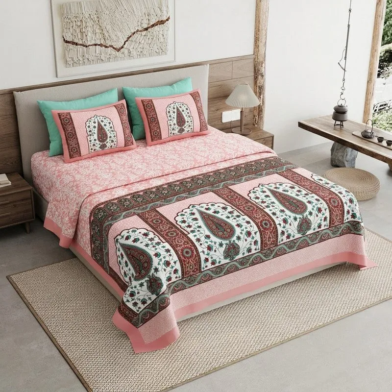 Ethnic Glow Cotton Bedsheet (Pink,Brown) - 120 TC media 1