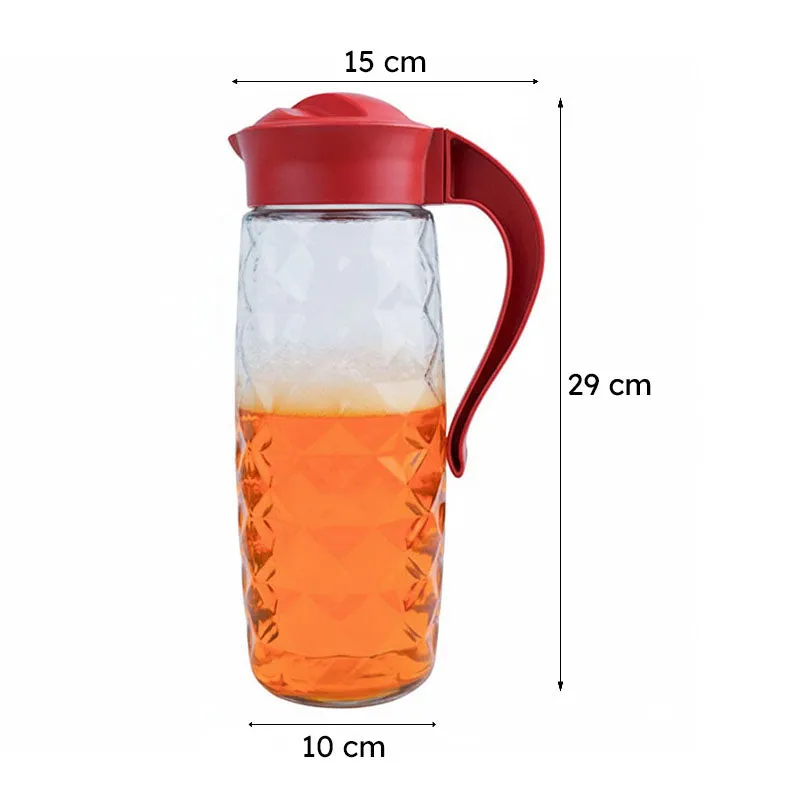 Transparent textured glass jug with red lid and handle, dimension view