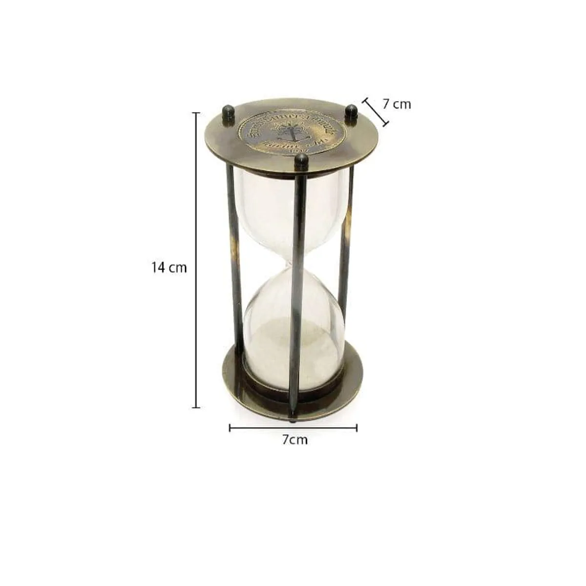 Transparent hourglass showpiece with metal frame photographed against a white background