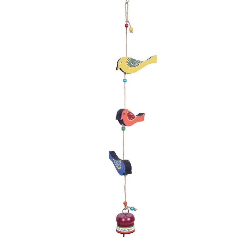 Front view of a multicolour bird windchime with three birds and a bell