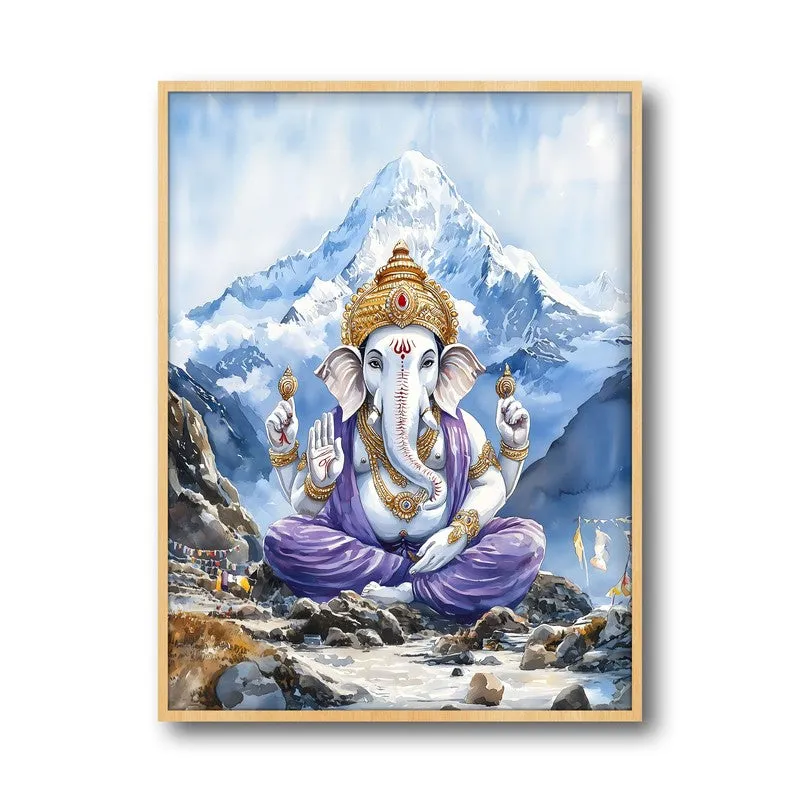 Ganapati Of The Heights Spiritual Archival Paper Wall Painting - Natural Brown Frame media 5