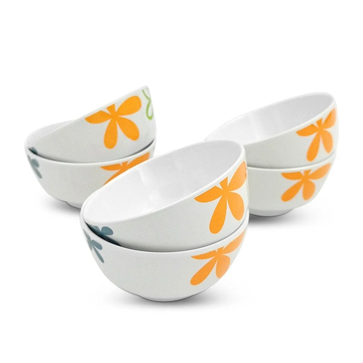 Six floral bowls arranged in pairs with orange, green and blue motifs