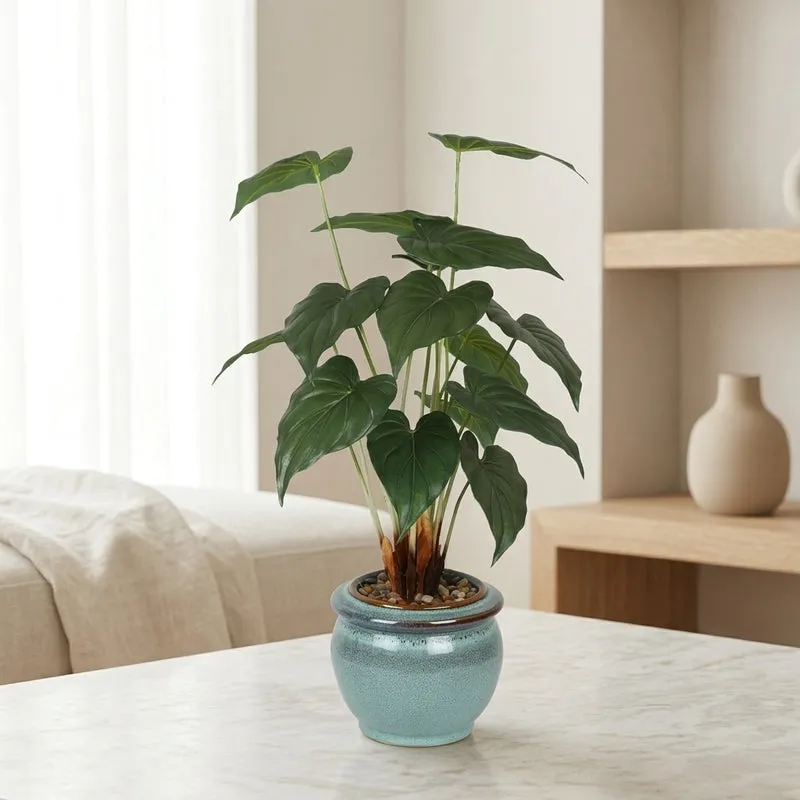 Faux Alocasia Bonsai In Ceramic Pot (59 cms) - Turquoise media 1