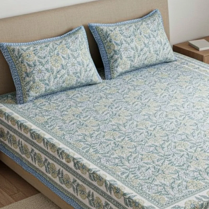 Niagra Floral Cotton Bedsheet (Blue) - 144 TC media 3