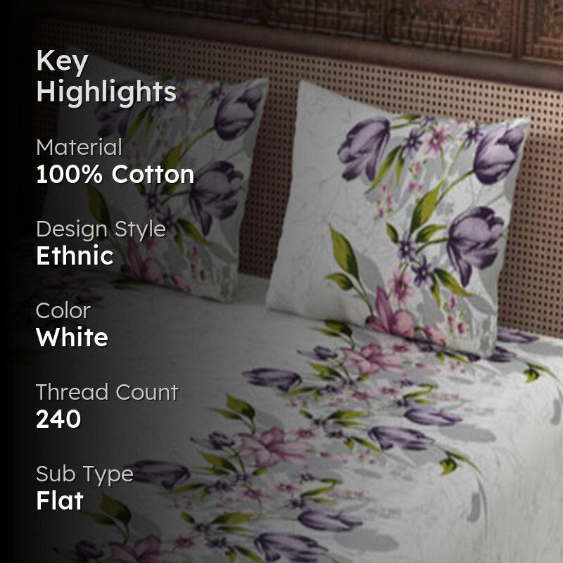 Navin Floral Cotton Bedsheet (White) - 240 TC media 2
