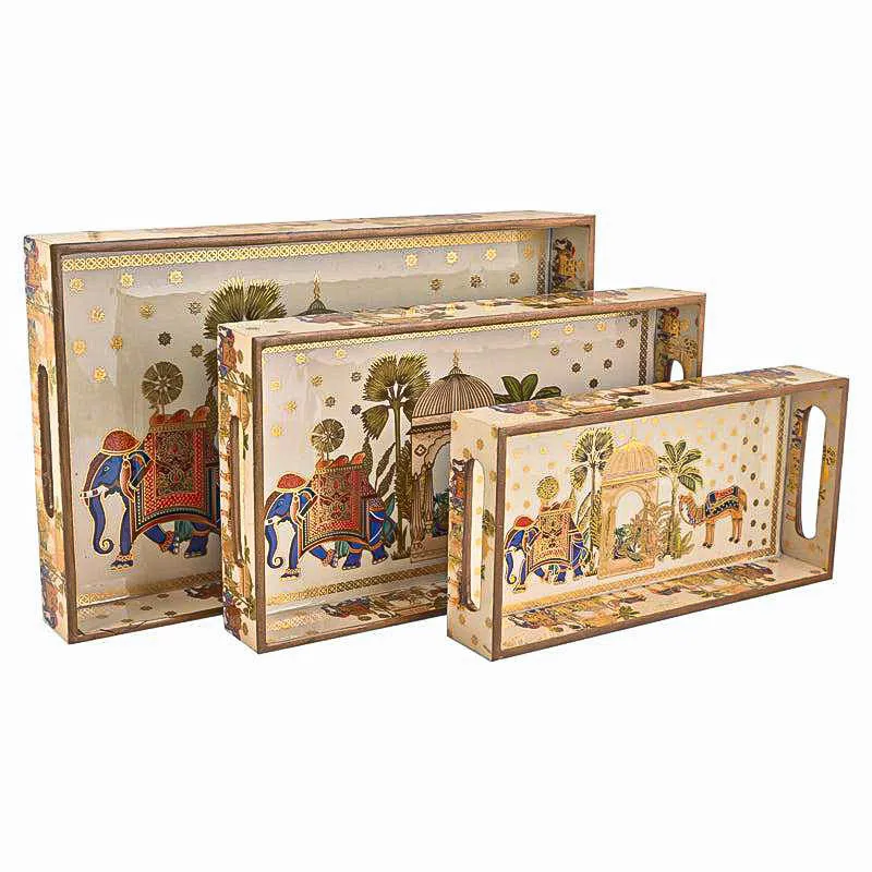Rajvaha Premium Beige MDF Serving Tray Set - Pack of 3 media 7