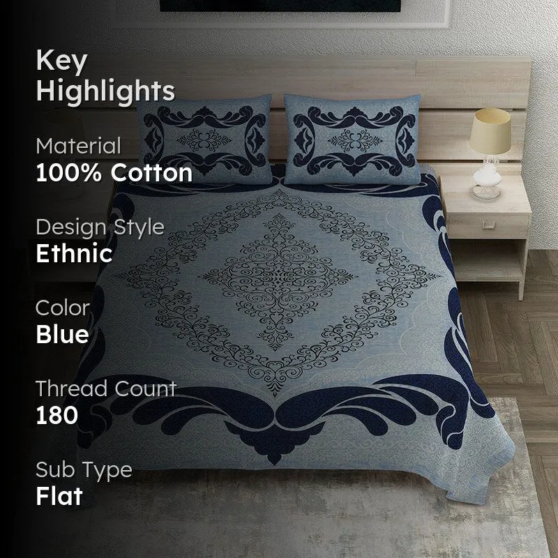 Aarna Artistry Ethnic Cotton Bedsheet (Blue) - 150 TC media 2