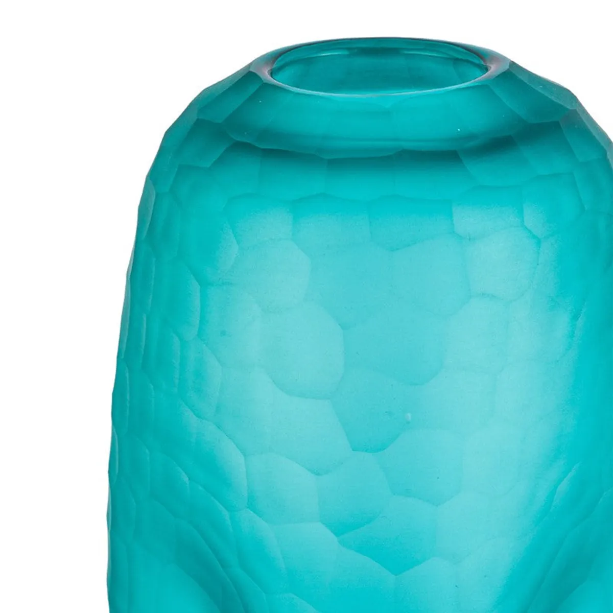 Close-up of the upper half of a blue textured glass vase
