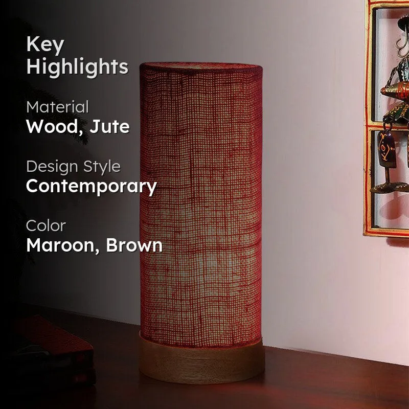 Nyra Tower Wooden Table Lamp With Jute Shade - Maroon,Brown media 2