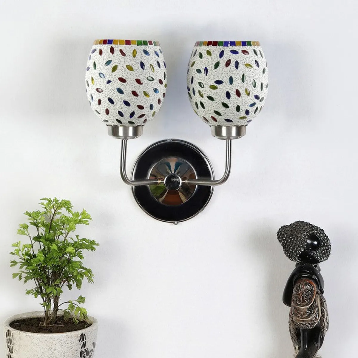 Front view of dual mosaic glass wall lamp with steel wall mount