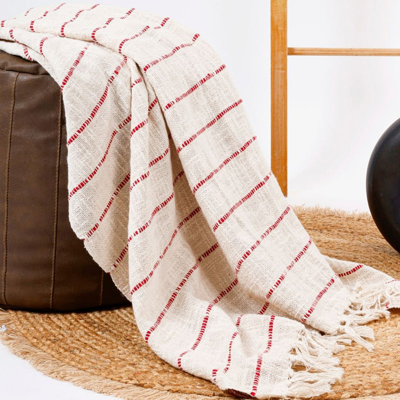 Almond Weave Striped Throw - Off White & Red