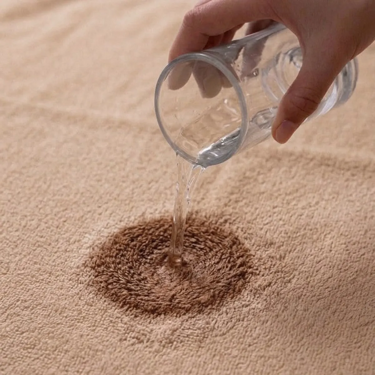 Water being poured onto the absorbent surface of a dark beige bath towel
