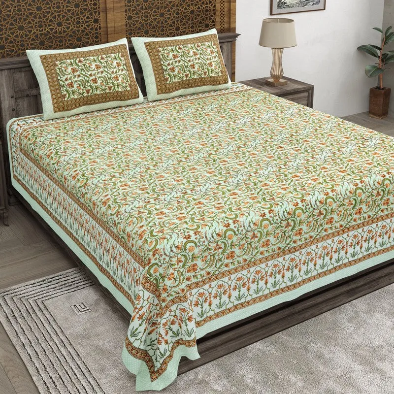 Formio Cotton Bedsheet (Green,Beige) - 240 TC media 3