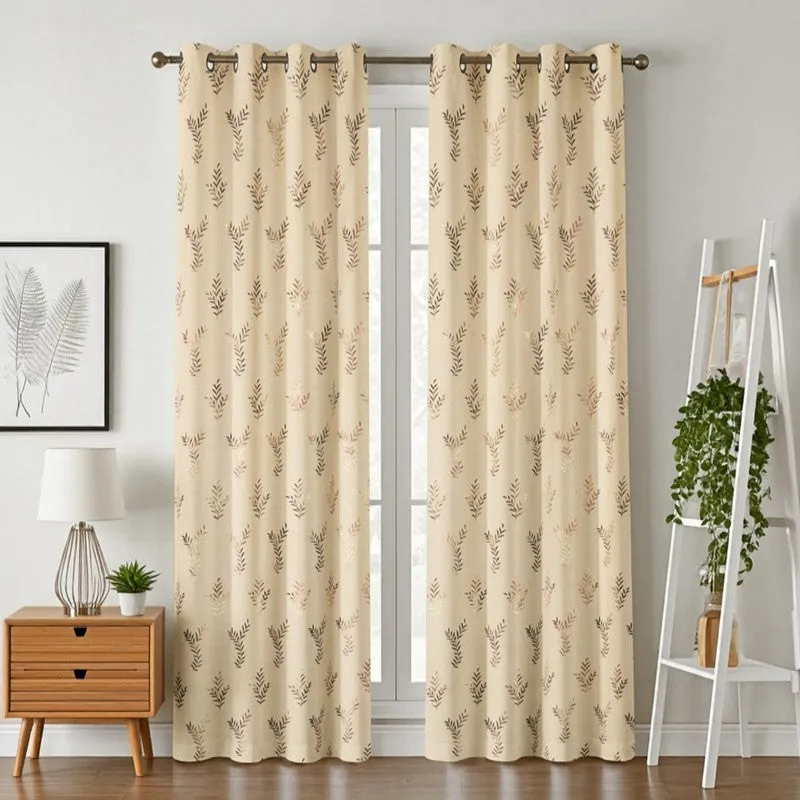 Soft Shine Printed Velvet Curtains (Beige,Gold) - Set Of Two media 1