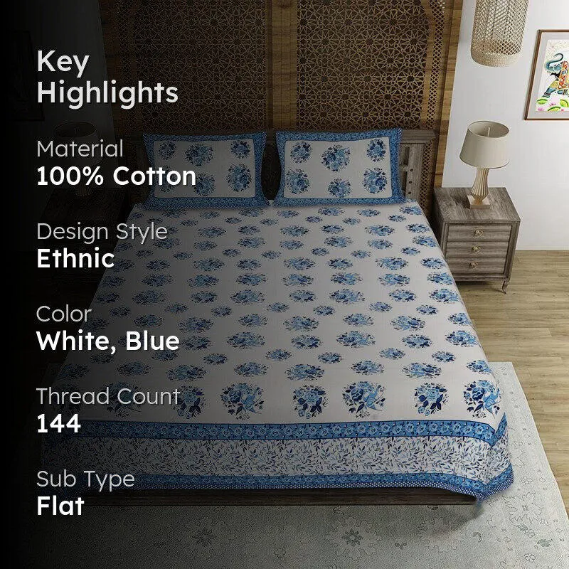 Bhuja Floral Cotton Bedsheet (Blue) - 144 TC media 2