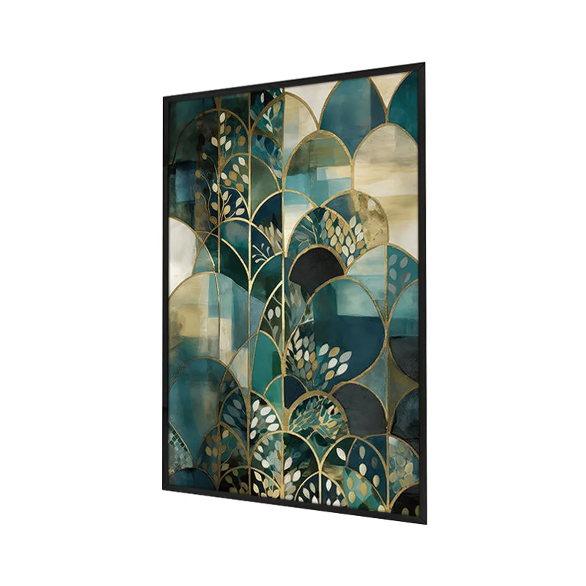 Angled view of a framed teal and gold floral abstract wall painting